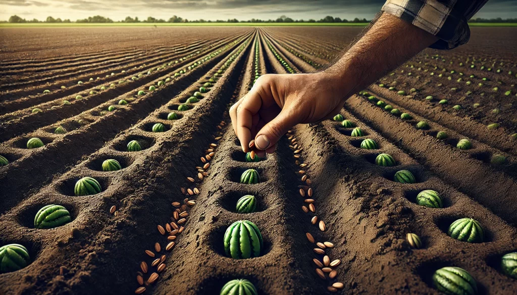 DALL·E 2024 08 20 13.25.36 A highly realistic image depicting the direct planting of melon (Cucumis melo) seeds in a prepared field. The scene shows a farmer's hand placing melo