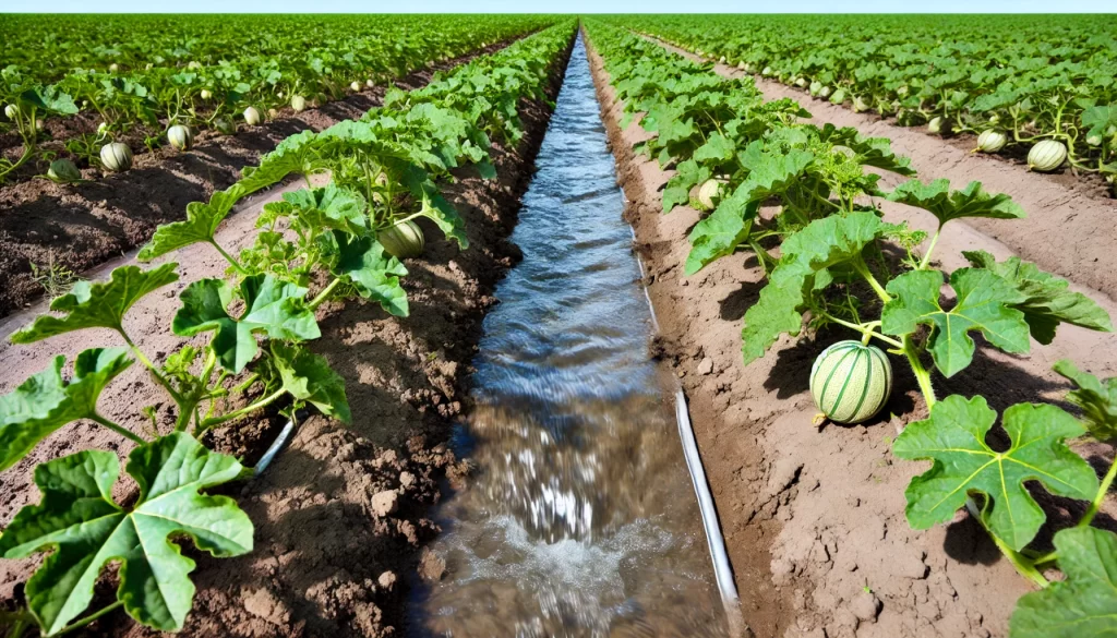 DALL·E 2024 08 20 13.26.37 A highly realistic image of gravity irrigation in a melon (Cucumis melo) field. The scene shows rows of melon plants with water flowing through shallo