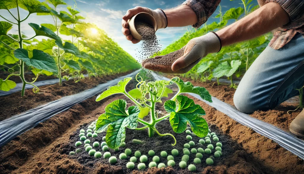 DALL·E 2024 08 20 13.27.34 A highly realistic image showing the application of granular fertilizer to a melon (Cucumis melo) plant in a field. The scene captures a farmer's hand