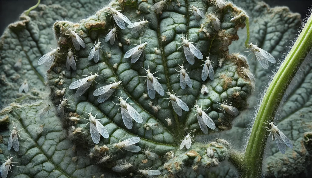 DALL·E 2024 08 20 13.28.40 A highly realistic close up image of whiteflies (mosca blanca) infesting a melon (Cucumis melo) plant. The image shows several small, white insects on