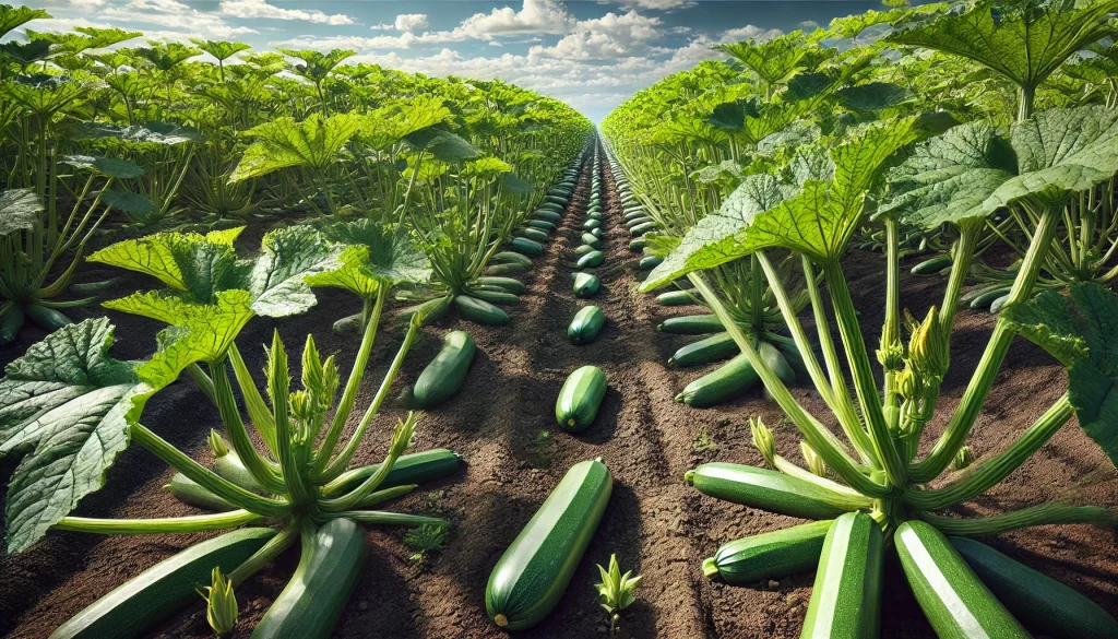 DALL·E 2024 08 20 15.13.48 A highly realistic image of a zucchini (Cucurbita pepo) field in a rural agricultural setting. The scene shows rows of zucchini plants growing in neat