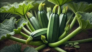 DALL·E 2024 08 20 15.14.42 A highly realistic close up image of zucchini (Cucurbita pepo) growing in a field. The image shows several young zucchinis nestled among the broad gre