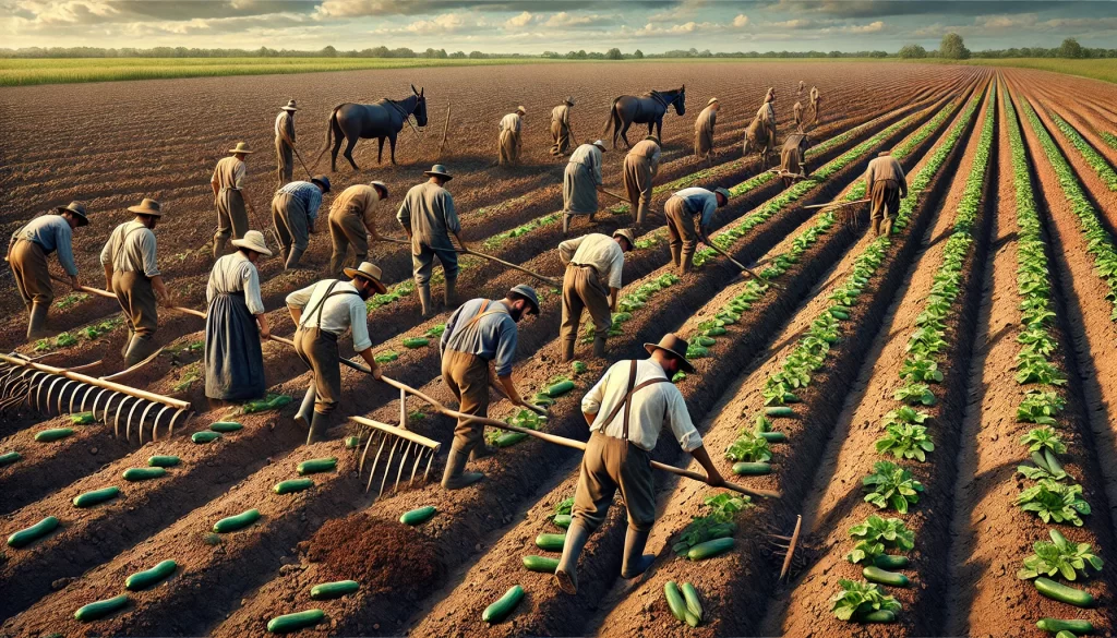 DALL·E 2024 08 20 15.15.41 A highly realistic image of farmers preparing the soil for zucchini (Cucurbita pepo) cultivation in a field. The scene shows a group of farmers workin