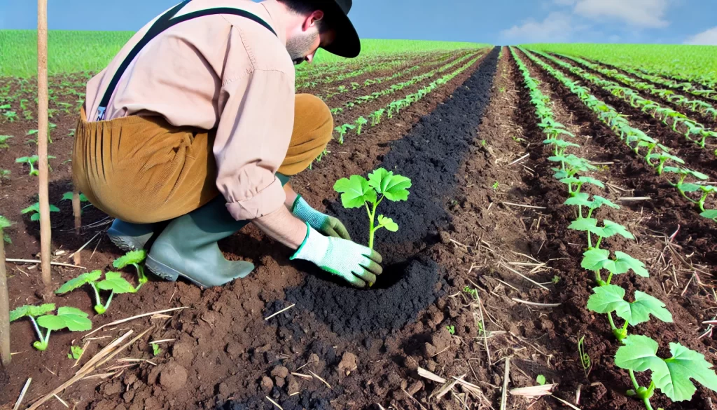 DALL·E 2024 08 20 15.17.38 A highly realistic image of a farmer planting a young zucchini (Cucurbita pepo) seedling in a field. The scene shows the farmer kneeling on the ground