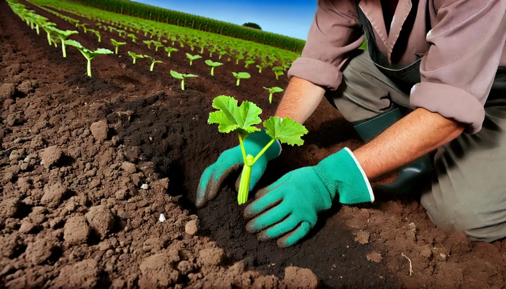 DALL·E 2024 08 20 15.18.01 A highly realistic image of a farmer planting a young zucchini (Cucurbita pepo) seedling in a field. The scene shows the farmer kneeling on the ground