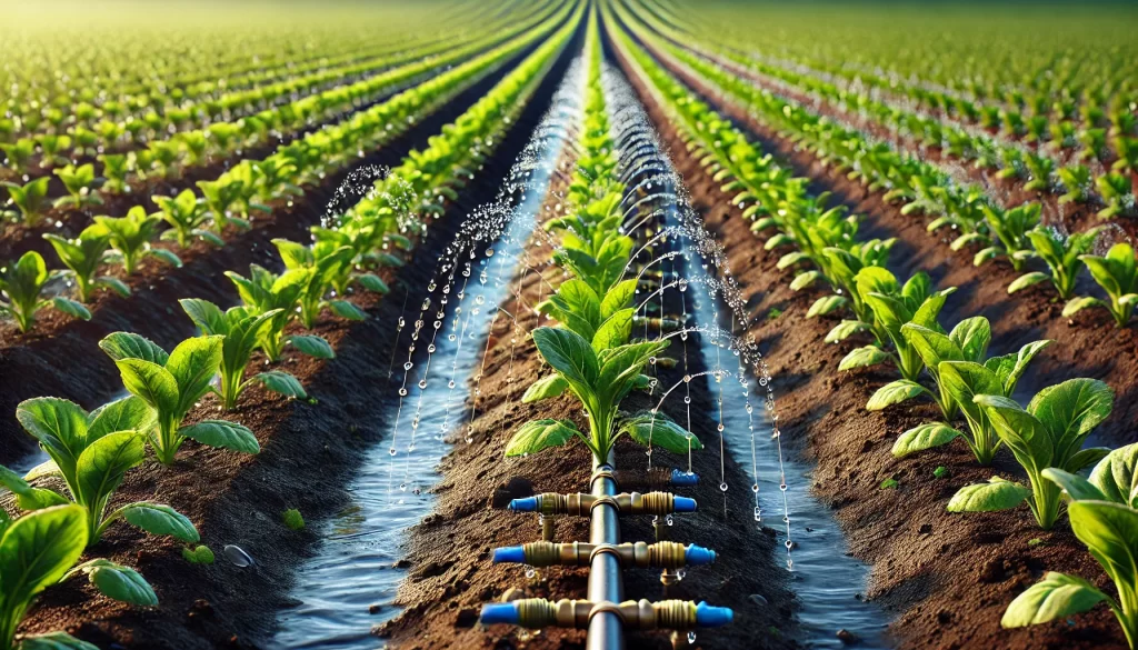 DALL·E 2024 08 20 15.19.06 A highly realistic image of a drip irrigation system in a field. The scene shows rows of healthy plants, with black drip irrigation lines running alon