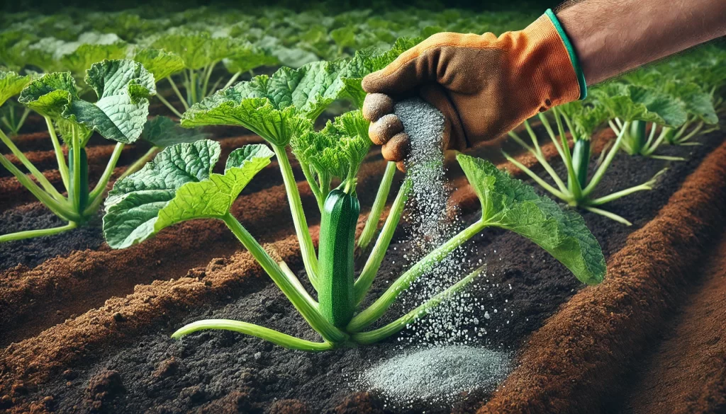 DALL·E 2024 08 20 15.20.28 A highly realistic close up image of a hand applying granular fertilizer to a zucchini (Cucurbita pepo) plant in a field. The hand, wearing a gardenin