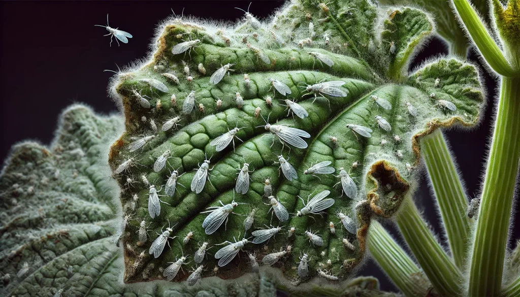 DALL·E 2024 08 20 15.21.40 A highly realistic close up image of whiteflies (mosca blanca) infesting a zucchini (Cucurbita pepo) plant. The image shows several small, white insec