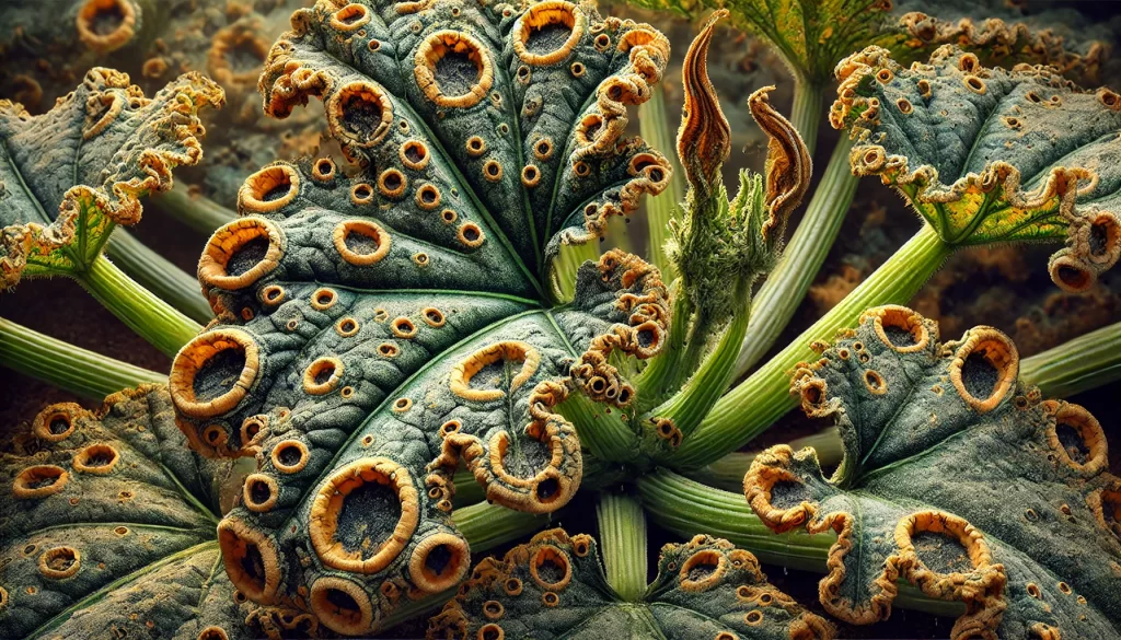 DALL·E 2024 08 20 15.25.46 A highly realistic close up image showing the symptoms of anthracnose (Colletotrichum spp.) on a zucchini (Cucurbita pepo) plant. The image focuses on