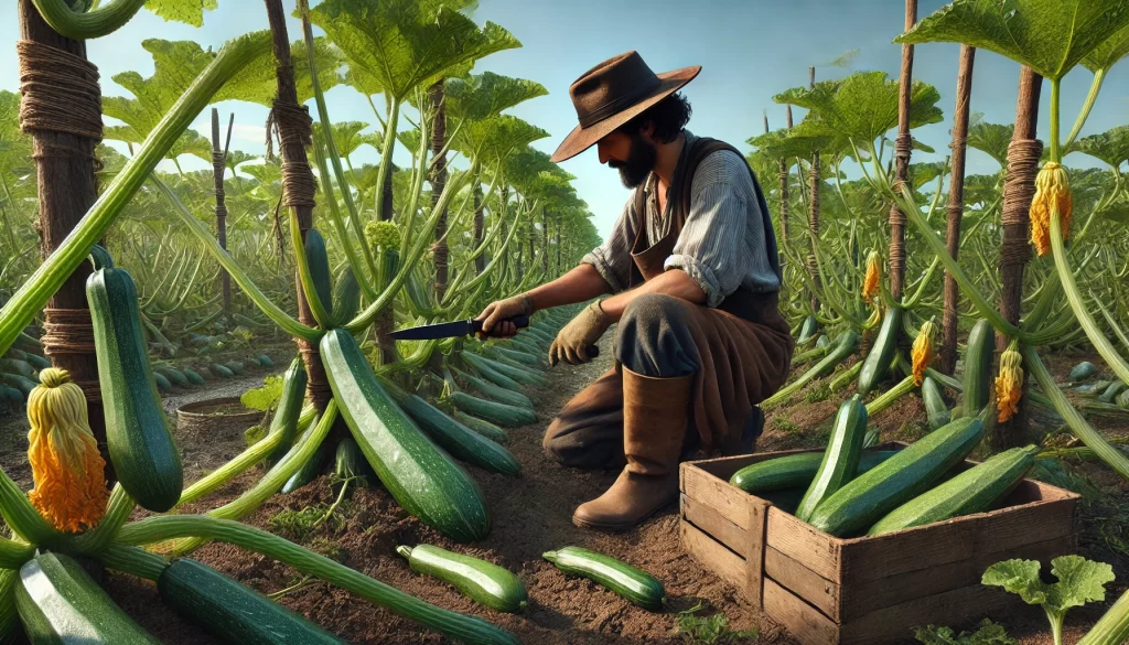 DALL·E 2024 08 20 15.26.54 A highly realistic image of a farmer harvesting zucchini (Cucurbita pepo) in a field. The scene shows the farmer kneeling down, using a sharp knife to