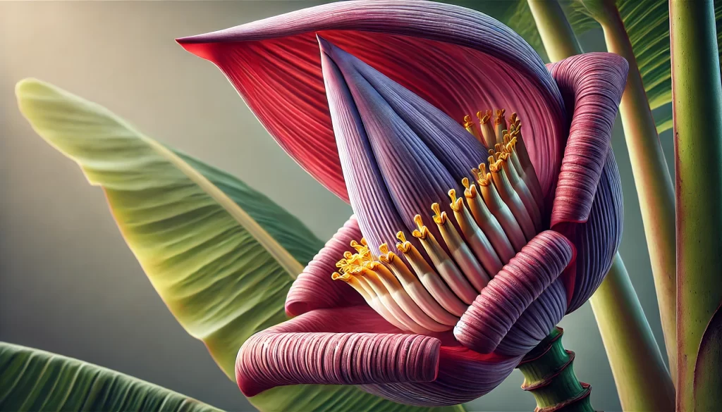 DALL·E 2024 08 20 15.31.35 A highly realistic close up image of a banana flower (Musa spp.) in a tropical setting. The image focuses on the large, purple red bracts of the banan