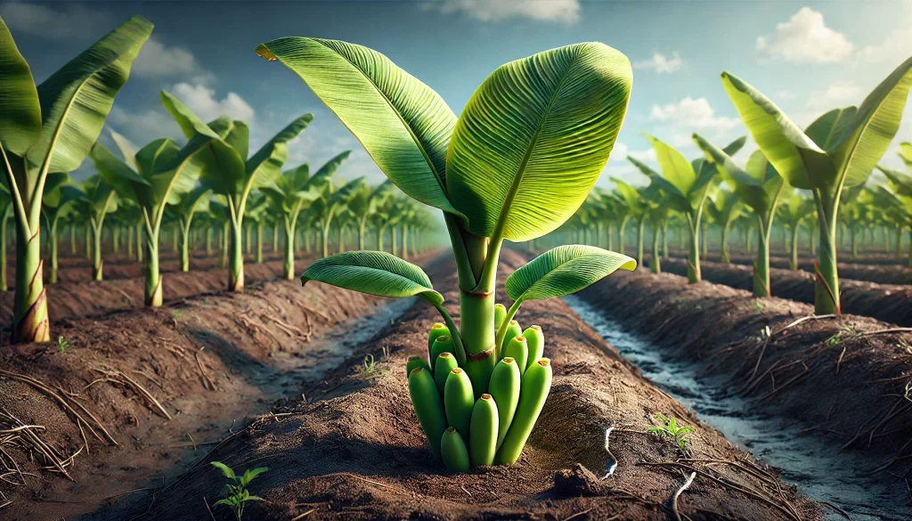 DALL·E 2024 08 20 15.32.28 A highly realistic image of a young banana plant (Musa spp.) growing in a field. The scene shows the small plant with several broad, green leaves emer