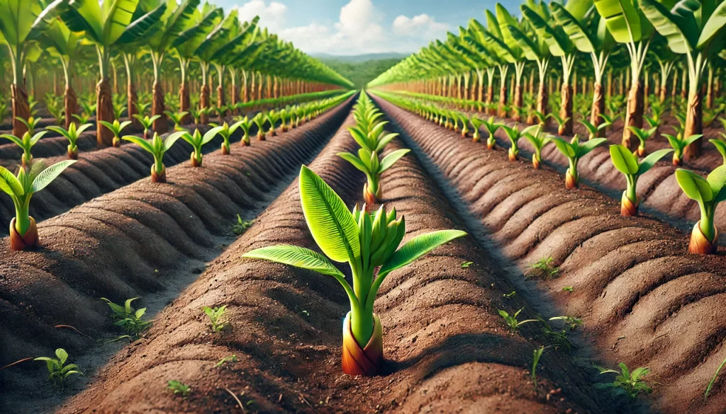 DALL·E 2024 08 20 15.34.06 A highly realistic image of a banana plantation with rows of young banana plants (Musa spp.) growing in a tropical field. The scene shows the small pl