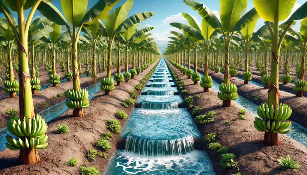 DALL·E 2024 08 20 15.35.34 A highly realistic image of gravity irrigation in a banana (Musa spp.) plantation. The scene shows rows of banana plants with water flowing through sh