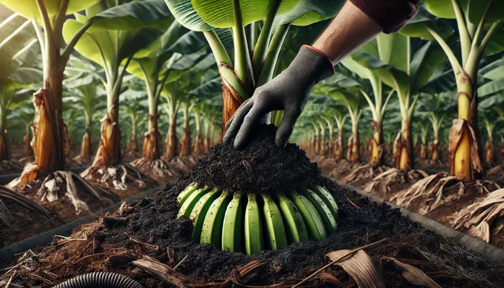 DALL·E 2024 08 20 15.38.20 A highly realistic close up image showing compost being applied to the base of a banana plant (Musa spp.) in a plantation. The scene captures a farmer