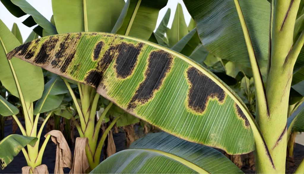 DALL·E 2024 08 20 15.46.19 A highly realistic close up image showing the symptoms of Black Sigatoka (Mycosphaerella fijiensis) on a banana (Musa spp.) plant. The image focuses o