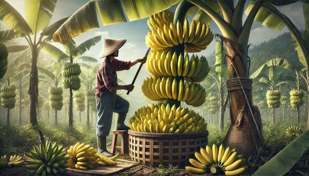 DALL·E 2024 08 20 15.48.01 A highly realistic image depicting the harvest of bananas (Musa spp.) in a tropical plantation. The scene shows a farmer carefully cutting a large bun