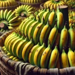 DALL·E 2024 08 20 15.49.29 A highly realistic close up image of freshly harvested bananas (Musa spp.) placed in a large basket or crate. The bananas are still attached in large