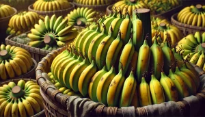 DALL·E 2024 08 20 15.49.29 A highly realistic close up image of freshly harvested bananas (Musa spp.) placed in a large basket or crate. The bananas are still attached in large