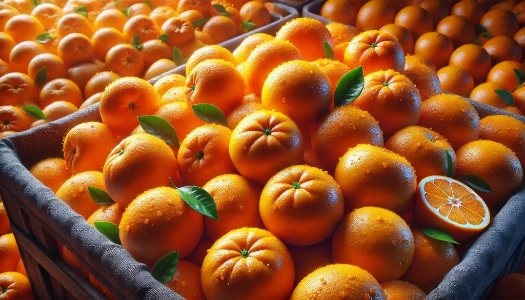 DALL·E 2024 08 20 15.53.05 A highly realistic close up image of freshly harvested oranges (Citrus sinensis) placed in a large basket or crate. The oranges are vibrant and bright