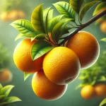 DALL·E 2024 08 20 15.54.08 A highly realistic close up image of oranges (Citrus sinensis) growing on an orange tree. The image shows several ripe oranges hanging from a branch,