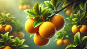 DALL·E 2024 08 20 15.54.08 A highly realistic close up image of oranges (Citrus sinensis) growing on an orange tree. The image shows several ripe oranges hanging from a branch,