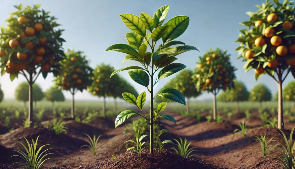 DALL·E 2024 08 20 15.55.53 A highly realistic image of a young orange tree (Citrus sinensis) growing in a field. The young tree is small, with slender branches and bright green