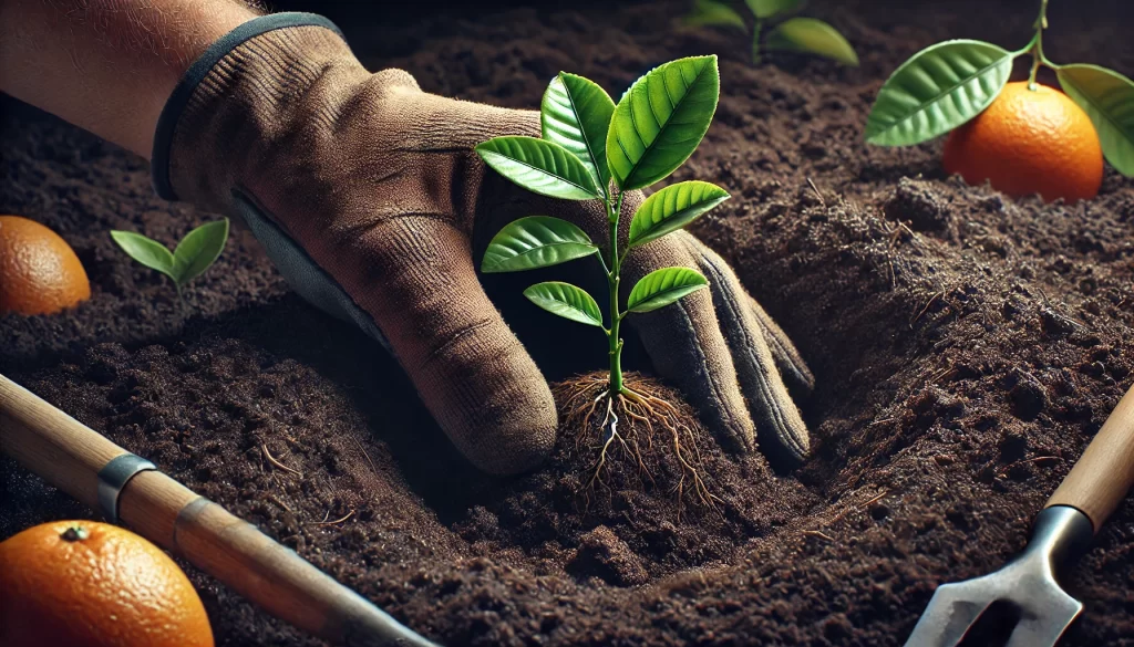 DALL·E 2024 08 20 15.58.51 A highly realistic close up image of a hand planting a young orange tree seedling (Citrus sinensis) into the soil. The hand, possibly wearing a garden