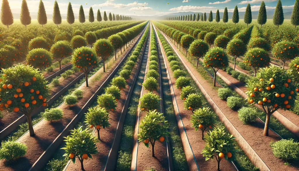 DALL·E 2024 08 20 16.00.45 A highly realistic image showing the layout and spacing in an orange orchard (Citrus sinensis). The scene captures rows of orange trees planted at equ