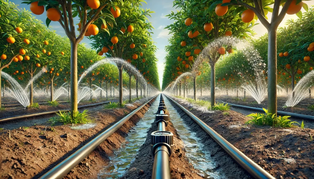 DALL·E 2024 08 20 16.04.15 A highly realistic image of an irrigation system in an orange orchard (Citrus sinensis). The scene shows drip irrigation lines running along the rows