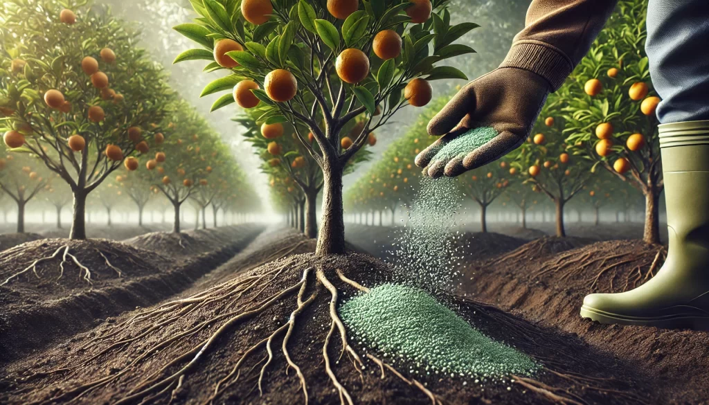 DALL·E 2024 08 20 16.08.39 A highly realistic close up image showing the application of granular fertilizer to an orange tree (Citrus sinensis) in an orchard. The scene captures