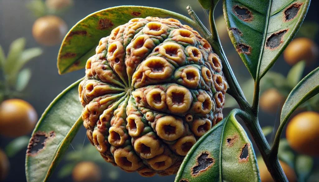 DALL·E 2024 08 20 16.11.16 A highly realistic close up image showing the symptoms of citrus canker (Xanthomonas citri subsp. citri) on an orange tree (Citrus sinensis). The imag