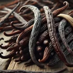 DALL·E 2024 08 20 16.39.09 A highly realistic close up image of freshly harvested vanilla beans (Vanilla planifolia). The scene shows a handful of dark, glossy vanilla pods that