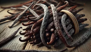 DALL·E 2024 08 20 16.39.09 A highly realistic close up image of freshly harvested vanilla beans (Vanilla planifolia). The scene shows a handful of dark, glossy vanilla pods that