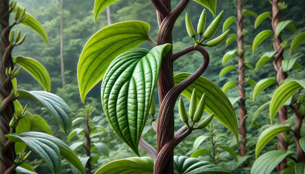 DALL·E 2024 08 20 16.40.12 A highly realistic close up image of a vanilla plant (Vanilla planifolia) growing in a tropical setting. The image shows the green, vine like stems of