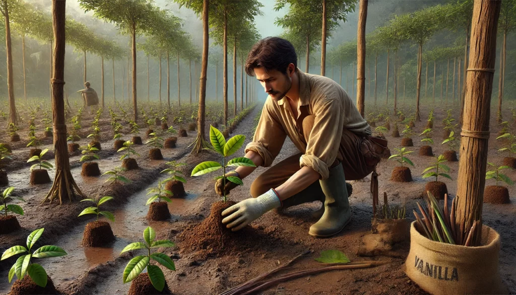 DALL·E 2024 08 20 16.43.14 A highly realistic image of a farmer transplanting young vanilla plants (Vanilla planifolia) in a tropical setting. The scene shows the farmer kneelin