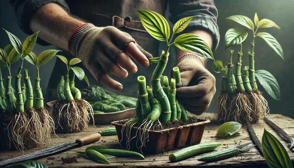 DALL·E 2024 08 20 16.44.39 A highly realistic image showing the preparation of vanilla cuttings (Vanilla planifolia) for planting. The scene captures a farmer's hands, possibly