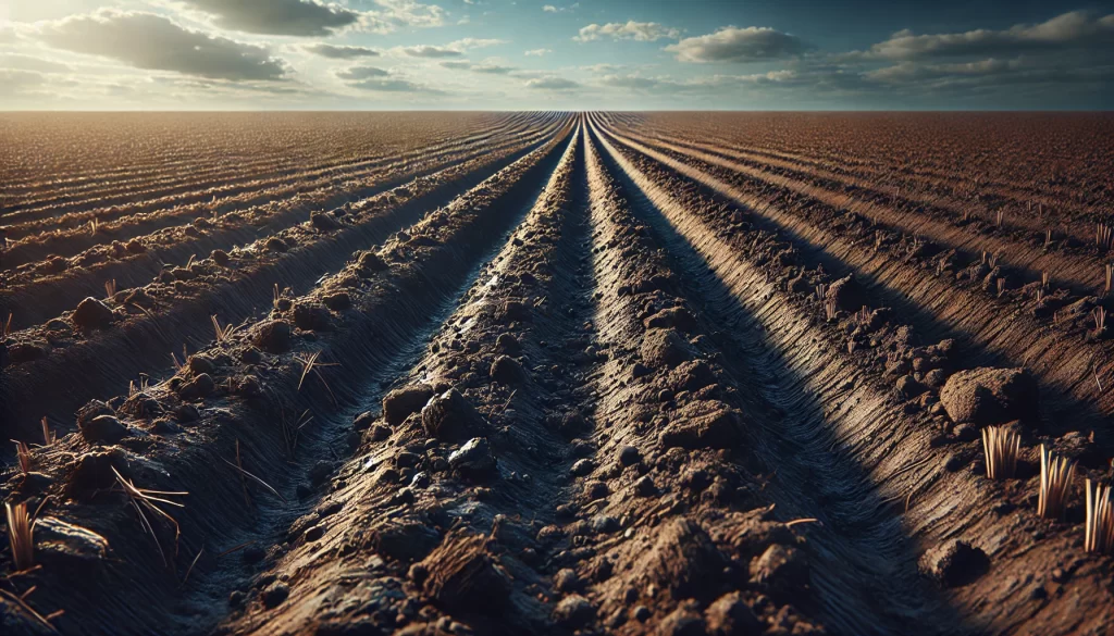 DALL·E 2024 08 20 16.47.17 A highly realistic image of soil that has been freshly prepared for agriculture. The scene shows a large field with dark, rich soil that has been till