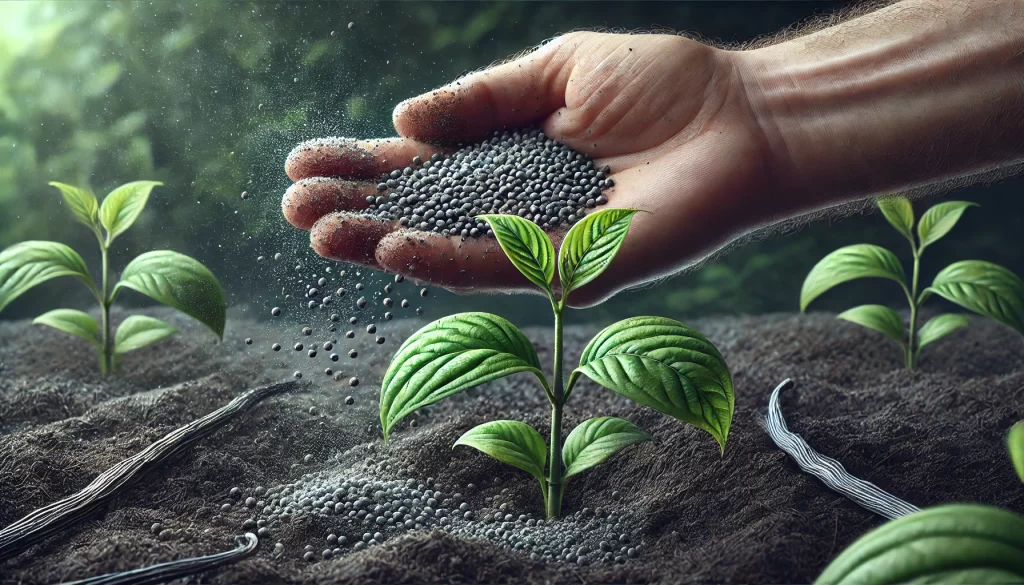 DALL·E 2024 08 20 16.48.54 A highly realistic close up image of a hand applying granular fertilizer to a young vanilla plant (Vanilla planifolia). The hand, possibly wearing a g