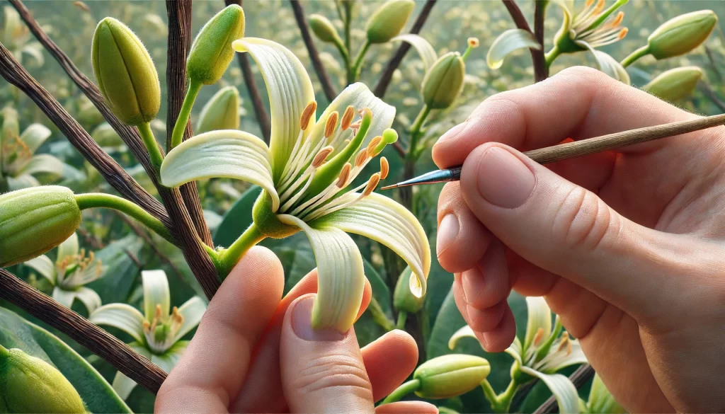 DALL·E 2024 08 20 16.51.22 A highly realistic image of the manual pollination process of a vanilla plant (Vanilla planifolia). The scene shows a close up of a person’s hand, pos