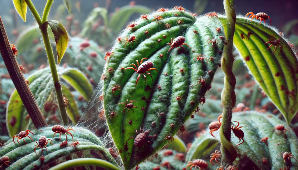 DALL·E 2024 08 20 16.52.29 A highly realistic close up image showing a vanilla plant (Vanilla planifolia) infested with mites. The image focuses on the small, red or brown mites