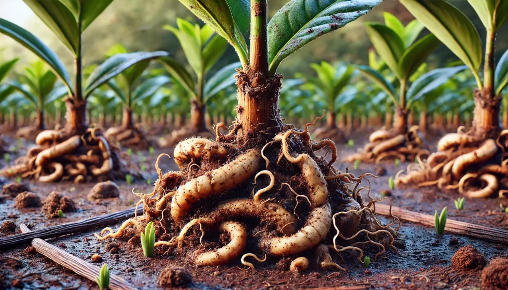 DALL·E 2024 08 20 16.53.42 A highly realistic close up image showing symptoms of root rot (caused by Fusarium spp.) on a young vanilla plant (Vanilla planifolia). The image focu