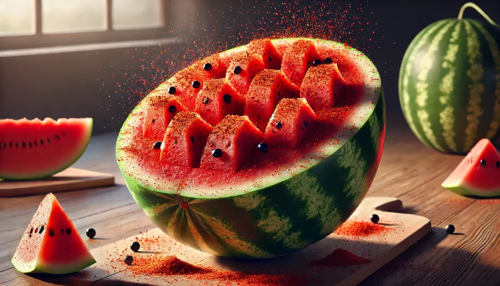 DALL·E 2024 08 22 17.01.49 A hyper realistic image of a freshly cut watermelon with Tajín seasoning sprinkled on it. The watermelon is vibrant and juicy, with a deep red flesh a