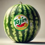 DALL·E 2024 08 22 17.03.06 A hyper realistic image of an uncut whole watermelon with a close up focus on a Tajín label attached to it. The watermelon is round and has a typical