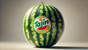 DALL·E 2024 08 22 17.03.06 A hyper realistic image of an uncut whole watermelon with a close up focus on a Tajín label attached to it. The watermelon is round and has a typical