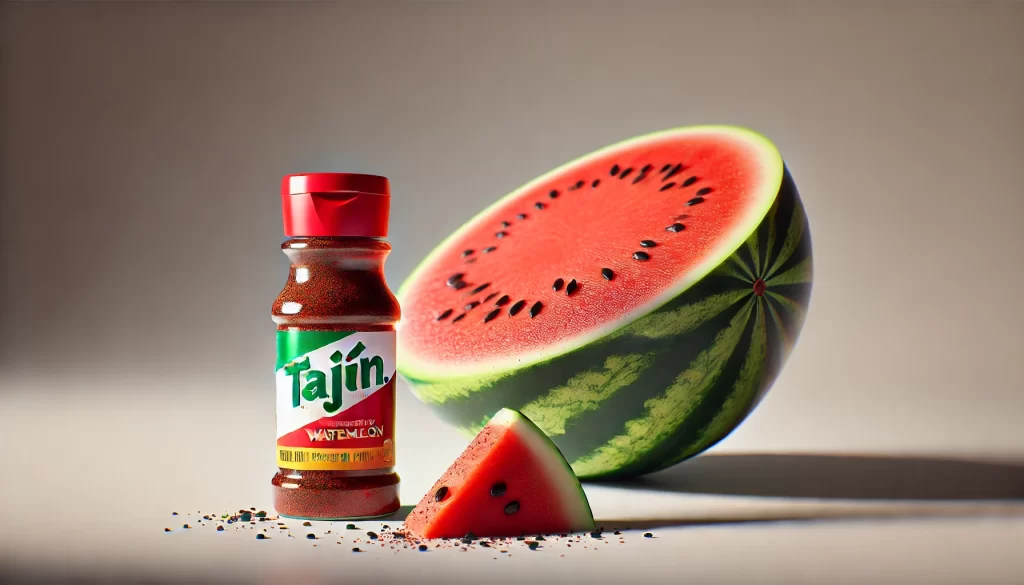 DALL·E 2024 08 22 17.04.40 A hyper realistic image of a sliced watermelon with a small bottle of Tajín seasoning placed beside it. The watermelon slices are vibrant and juicy, w