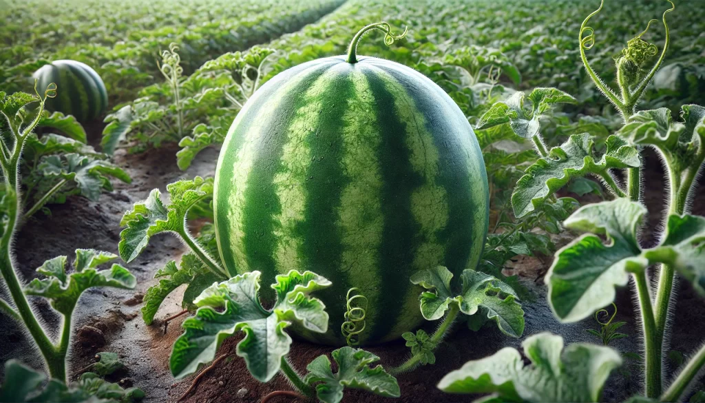 DALL·E 2024 08 22 17.12.53 A hyper realistic image of a watermelon growing in a field, with a close up focus on a single fruit. The watermelon is nestled among green leaves and