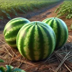 DALL·E 2024 08 22 17.14.49 A hyper realistic image of three freshly harvested watermelons in a field. The watermelons are placed together on the ground, showing their green, str