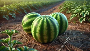 DALL·E 2024 08 22 17.14.49 A hyper realistic image of three freshly harvested watermelons in a field. The watermelons are placed together on the ground, showing their green, str