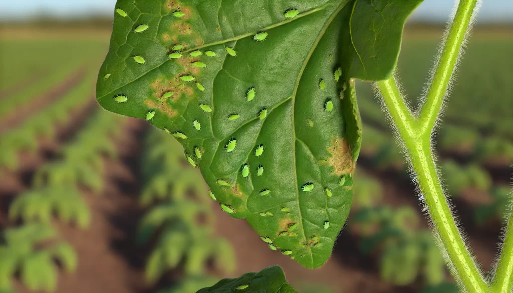 DALL·E 2024 08 22 17.16.19 A hyper realistic close up image of aphids on the leaves of a watermelon plant in a field. The leaves are green with some visible signs of damage caus